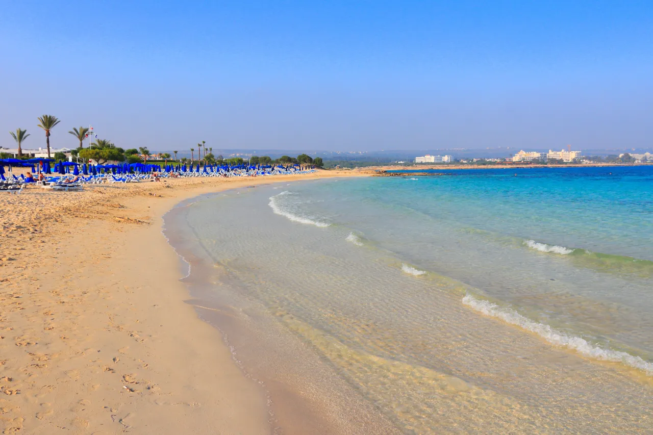 Gentle waves on a long sandy beach with a row of blue sunbeds under palms