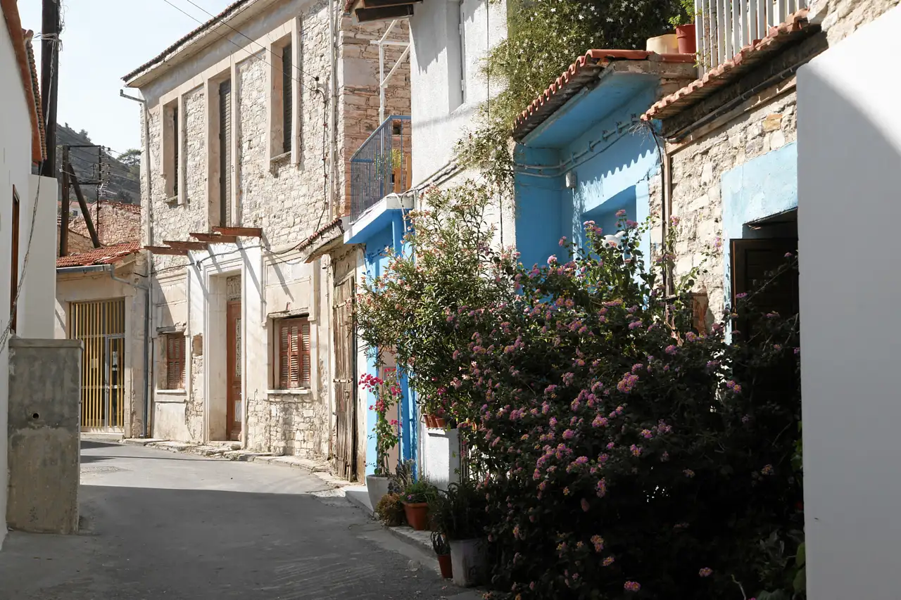 Narrow lane between stone houses, with a blue-painted house and a flowering shrub in the sun