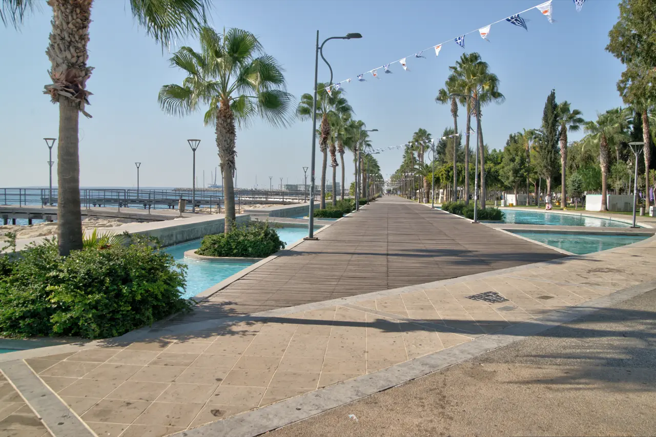 Wooden boardwalk through a palm-lined seafront park, with fountain pools, a pier and the sea on the left