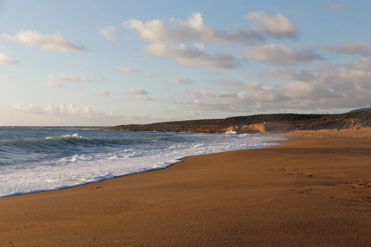 Wide sandy beach in golden light with surf rolling in and a low rocky headland in the distance